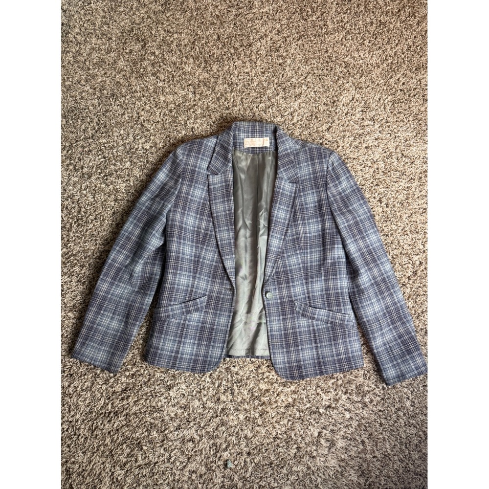 Vintage Pendleton Wool Blazer Blue Grey Plaid Single Button Jacket Womens